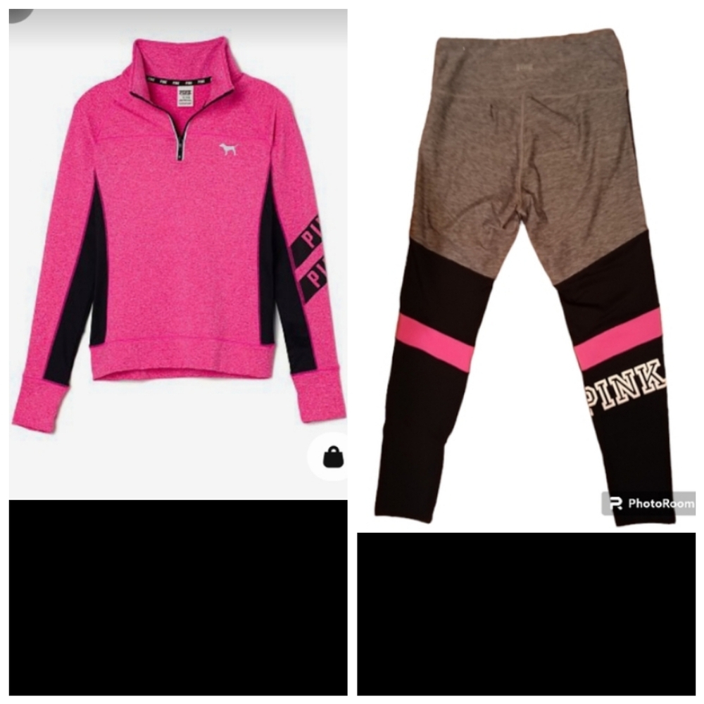 PINK VS Ultimate Half Zip Heathered Hot Pink & Grey Active Top & Leggings Set
